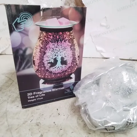 TWO ITEMS, BOXED SENSE AROMA SEA SHELL LED COLOUR CHANGING LAMP ( SILVER PEARL) & 3D FRAGRANCE WARMER TREE OF LIFE ( DAMAGED)