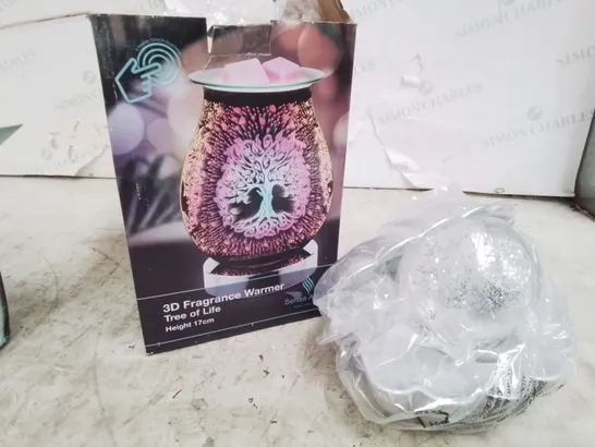 TWO ITEMS, BOXED SENSE AROMA SEA SHELL LED COLOUR CHANGING LAMP ( SILVER PEARL) & 3D FRAGRANCE WARMER TREE OF LIFE ( DAMAGED)