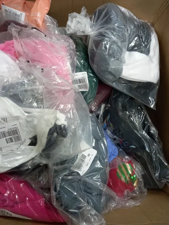 LARGE BOX OF APPROXIMATELY 35 CLOTHING ITEMS ALL IN DIFFRENT COLOURS AND SIZES 