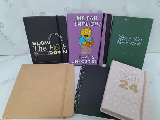 APPROXIMATELY 17 ASSORTED NOTEBOOKS, DIARIES, JOURNALS, PLANNERS TO INCLUDE THE SIMPSONS A5 JOURNAL. OUR DAY WEDDING PLANNER, HARRY POTTER 2024 DIARY 