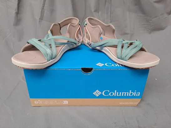 BOXED PAIR OF COLUMBIA OPEN TOE SANDALS IN FUNGI/AQUA UK SIZE 9