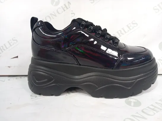 BOXED PAIR OF KOI PLATFORM CHUNKY TRAINERS IN BLACK PRISMATIC EFFECT SIZE 4