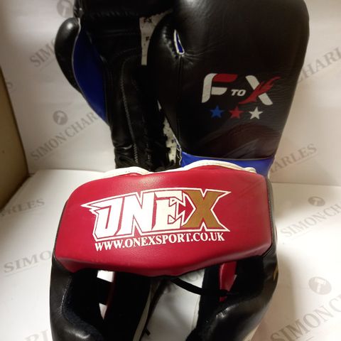 PAIR OF LEATHER LACE-UP BOXING GLOVES AND HEAD GUARD 