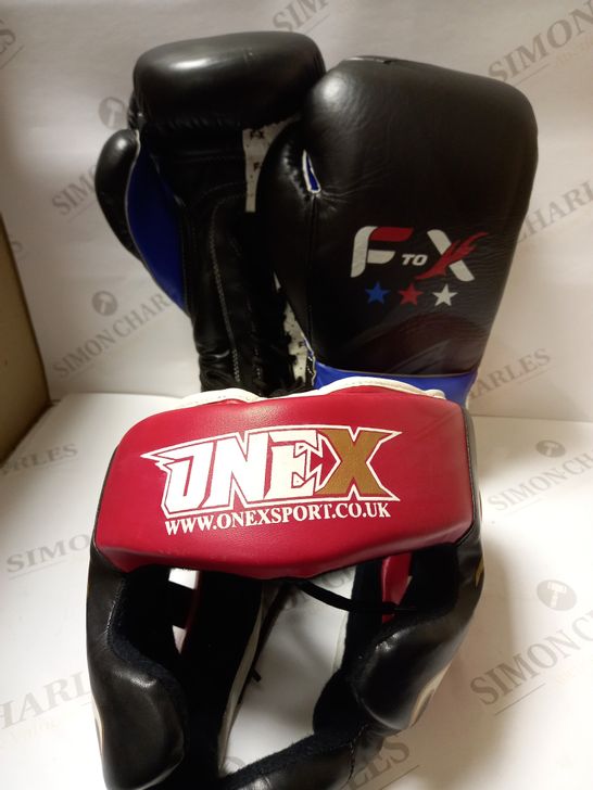 PAIR OF LEATHER LACE-UP BOXING GLOVES AND HEAD GUARD 