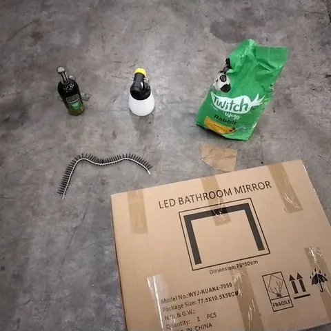 PALLET OF ASSORTED ITEMS INCLUDING GREEN GINGER WINE, HANDHELD PLANTS SPRAYER, RABBIT FOOD, NAILS AND LED BATHROOM MIRROR