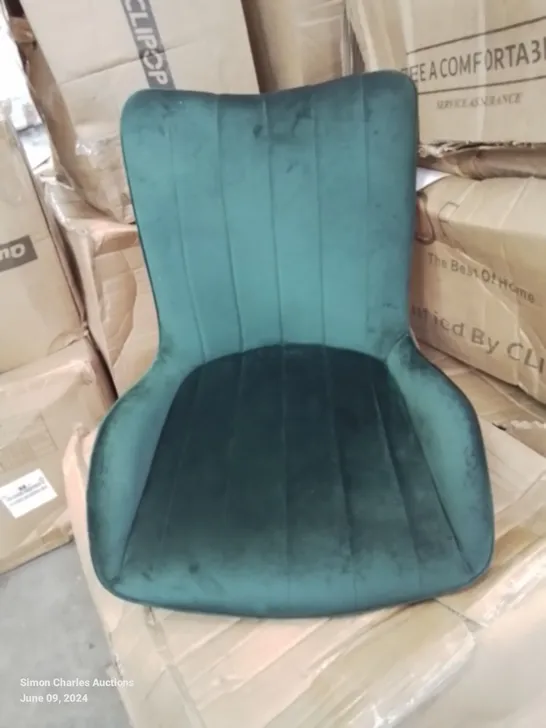 A BOXED PAIR OF GREEN SOFT VELVET UPHOLSTERED SIDE CHAIRS