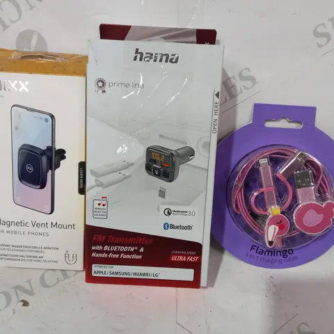 BOX OF APPROXIMATELY 20 ASSORTED ELECTRICAL ITEMS TO INCLUDE SWIPE FLAMINGO 3-IN-1 CHARGING CABLE, HAMA FM TRANSMITTER, MIXX MAGNETIC VENT MOUNT, ETC