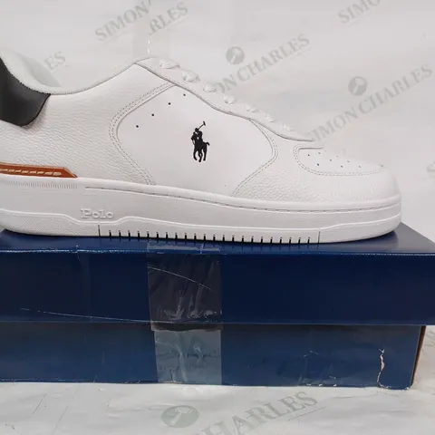 BOXED PAIR OF RALPH LAUREN POLO SHOES IN WHITE/BLACK UK SIZE 10