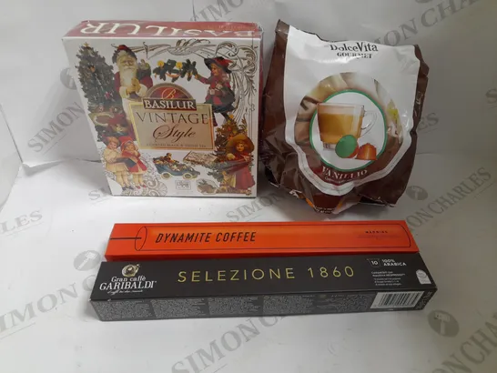 BOX OF APPROX 10 ITEMS TO INCLUDE BASILUR VINTAGE STYLE BLACK/GREEN TEA ASSORTMENT, GRAN CAFFE GARIBALDI COFFEE PODS AND DOLCE VITA GUSTO COFFEE PODS