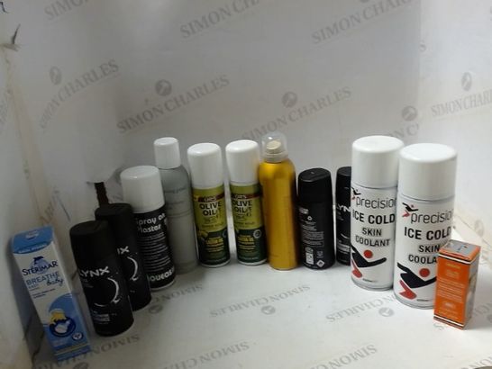 LOT OF ASSORTED ITEMS TO INCLUDE; SKIN COOLANT, OILVE OIL, SPRAY ON PLASTER ETC