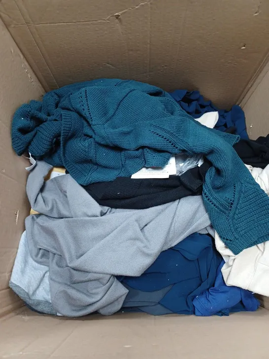 LARGE BOX OF ASSORTED CLOTHING IN DIFFERENT COLOURS AND SIZES 