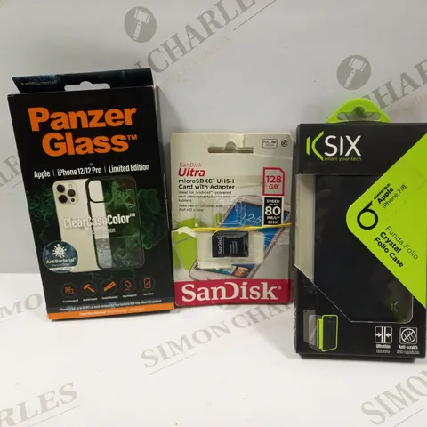 LOT OF APPROXIMATELY 32 ASSORTED PHONE CASES AND ELECTRICALS TO INCLUDE KSIX CRYSTAL FOLIO CASE (IPHONE 7/8), SAN DISK ULTRA MICROSDXC IHS-I CARD, PANZER GLASS PHONE CASE FOR IPHONE 12/12 PRO, ETC