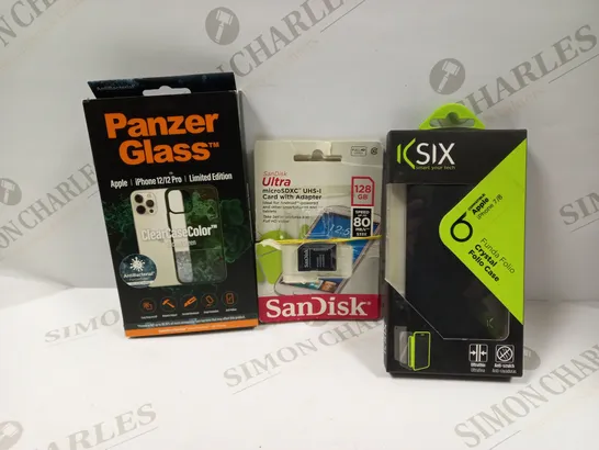 LOT OF APPROXIMATELY 32 ASSORTED PHONE CASES AND ELECTRICALS TO INCLUDE KSIX CRYSTAL FOLIO CASE (IPHONE 7/8), SAN DISK ULTRA MICROSDXC IHS-I CARD, PANZER GLASS PHONE CASE FOR IPHONE 12/12 PRO, ETC