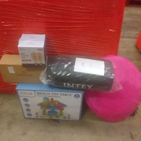 PALLET OF ASSORTED ITEMS INCLUDING BEACH TOY TABLE, LED FILAMENT BULB, ACUPRESSURE MAT, POP UP TENT