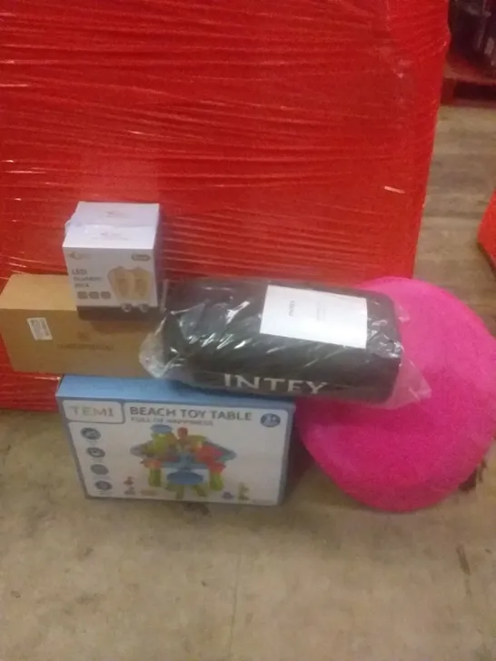 PALLET OF ASSORTED ITEMS INCLUDING BEACH TOY TABLE, LED FILAMENT BULB, ACUPRESSURE MAT, POP UP TENT