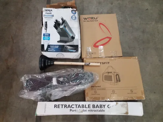 PALLET OF ASSORTED PRODUCTS INCLUDING TOILET SEAT, PET CARRIER, PLUNGER, FLOOR MAT, RETRACTABLE BABY GATE, KNIFE BLOCK