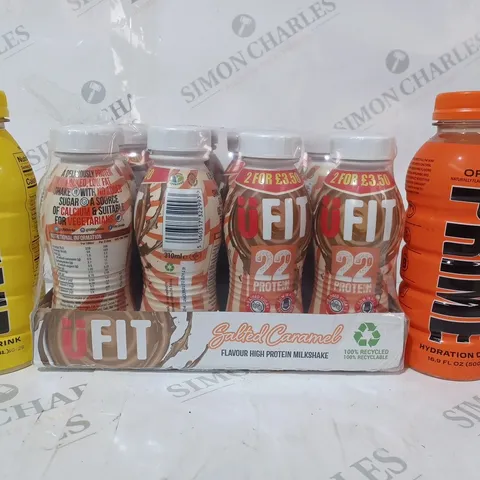 APPROXIMATELY 5 ASSORTED FOOD & DRINK ITEMS TO INCLUDE PRIME ORANGE FLAVOUR DRINK (500ML), PRIME LEMONADE FLAVOUR DRINK (500ML), UFIT PACK OF 12 SALTED CARAMEL FLAVOUR PROTEIN DRINKS, ETC