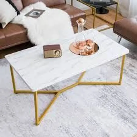 BOXED COSTWAY WHITE FAUX MARBLE MODERN DESIGN COFFEE TABLE LIVING ROOM GOLD FINISH METAL FRAME