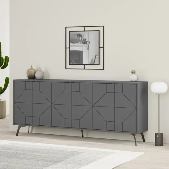 BOXED 183CM WIDE MODERN GEOMETRIC SIDEBOARD STORAGE WITH PUSH-TO-OPEN DOORS - BROWN WOOD (3 BOXES)