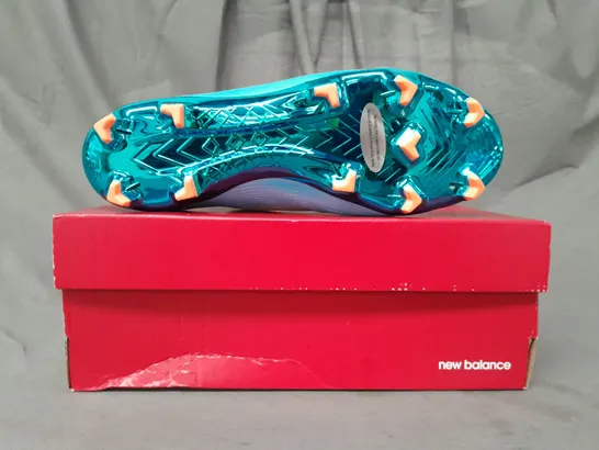 BOXED PAIR OF NEW BALANCE FURON FOOTBALL BOOTS IN SKY BLUE/ORANGE UK SIZE 10.5