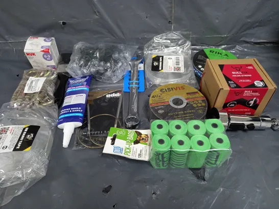 BOX OF ASSORTED HOUSEHOLD ITEMS TO INCLUDE POO BAGS, CUTTING WHEELS AND NANO TAPE