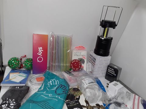 SMALL BOX OF ASSORTED HOMEWARE ITEMS TO INCLUDE SKY Q REMOTE, LANTERN, FACE MASKS, CHRISTMAS CARDS