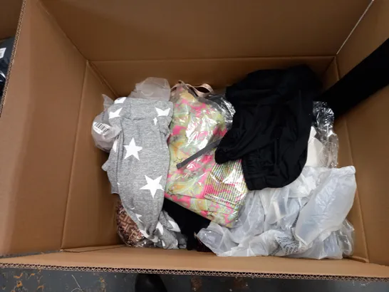 BOX OF APPROXIMATELY 25 ASSORTED CLOTHING ITEMS TO INCLUDE A PAIR OF BLACK STRETCH TROUSERS, A PAIR OF SLIPPERS,  A PAIR OF PJ BOTTOMS AND A UNDERWEAR SET