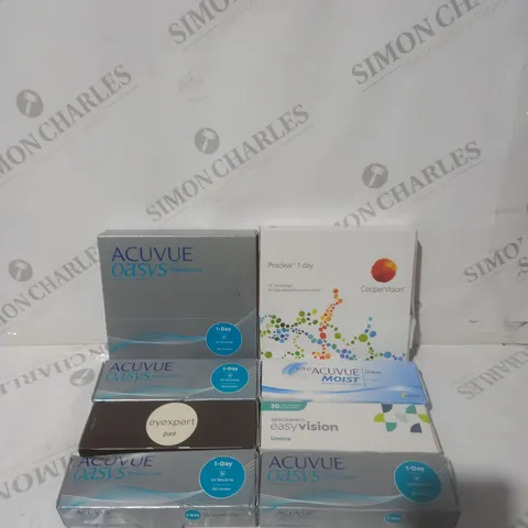 BOX OF APPROXIMATELY 30 ASSORTED CONTACT LENSES AND EYE TREATMENT TO INCLUDE ACUVUE, COOPER VISION AND EASY VISION