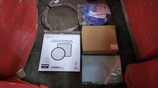 PALLET OF ASSORTED ITEMS INCLUDING ENERGY SAVING LED CEILING LIGHT, HALLOWEEN WREATH, WRAPPING PAPER, ORICOOL KIDS PLAY TENT, PRO HULA HOOP, MIBAO DOOR MAT