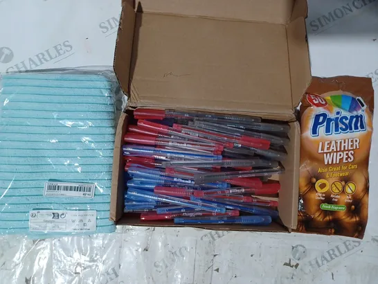 BOX OF APPROXIMATELY 10 ASSORTED HOUSEHOLD ITEMS TO INCLUDE ASSORTMENT OF PENS, PRISM LEATHER WIPES, ETC