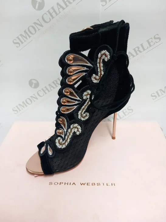 BOXED PAIR OF SOPHIA WEBSTER SELINA BLACK AD ROSE GOLD SANDAL BOOTIE SIZE 38