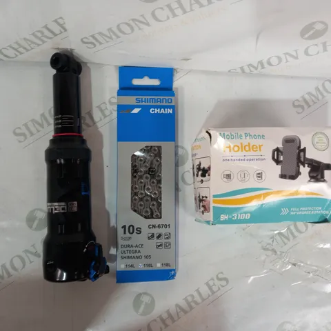 LOT OF APPROXIMATELY 10 ASSORTED VEHICLE PARTS & ACCESSORIES TO INCLUDE MOBILE PHONE HOLDER SH-3100, SHIMANO 10S CN-6701 116L CHAIN, ETC