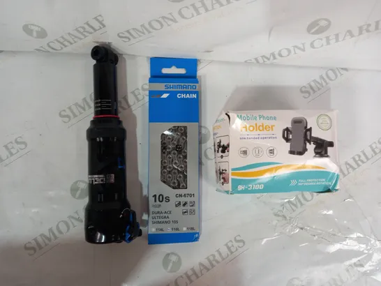 LOT OF APPROXIMATELY 10 ASSORTED VEHICLE PARTS & ACCESSORIES TO INCLUDE MOBILE PHONE HOLDER SH-3100, SHIMANO 10S CN-6701 116L CHAIN, ETC