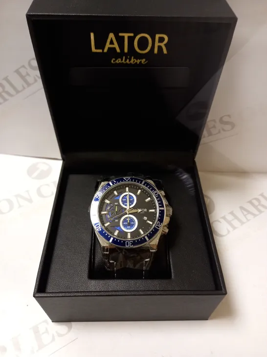 LATOR CALIBRE BLUE & YELLOW DIAL SUEDE LEATHER STRAP WATCH RRP £635