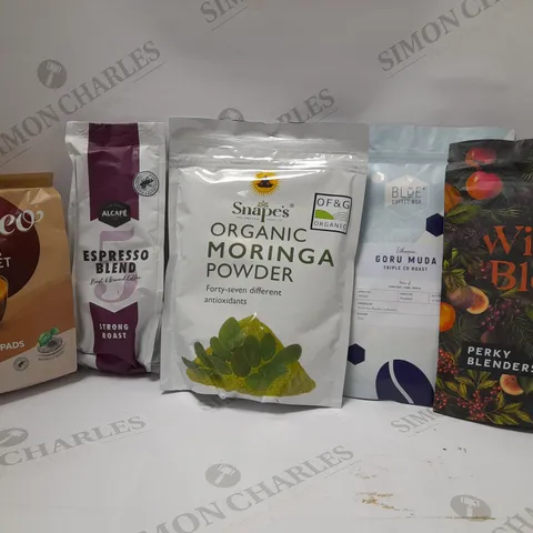 LOT OF 5 ASSORTED PRODUCTS TO INCLUDE SENSEO MOCCA GOURMET COFFEE PADS, SNAPE'S MORINGA POWDER, ALCAFE ESPRESSO BLEND STRONG ROAST COFFEE, ETC