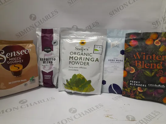 LOT OF 5 ASSORTED PRODUCTS TO INCLUDE SENSEO MOCCA GOURMET COFFEE PADS, SNAPE'S MORINGA POWDER, ALCAFE ESPRESSO BLEND STRONG ROAST COFFEE, ETC