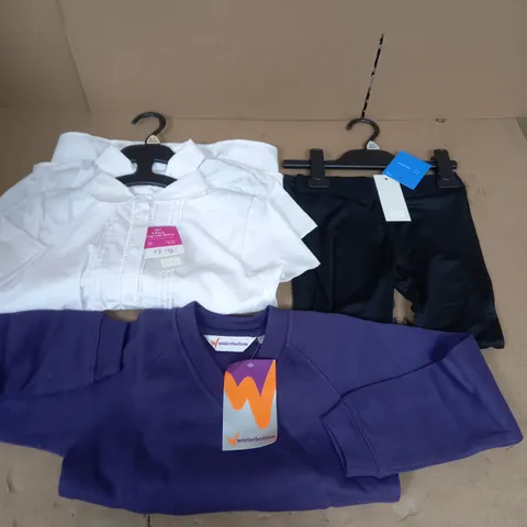 BOX OF APPROX 25 ASSORTED SCHOOL CLOTHING ITEMS IN VARIOUS SIZES TO INCLUDE - F&F BASE LAYER IN BLACK 5-6 YEARS ,F&F EASY IRON GIRLS SHIRTS 10-11 YEARS , WINTERBOTTOM PURPLE JUMPER 5/6 YEARS ETC