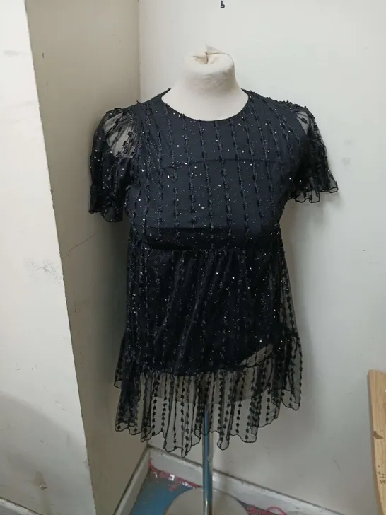 NEXT SEQUIN LACE TOP BLACK