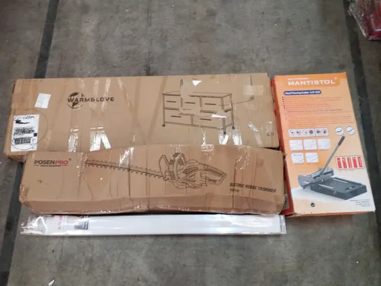 PALLET OF ASSORTED PRODUCTS INCLUDING ELECTRIC HEDGE TRIMMER, VINYL FLOORING CUTTER, ROLLER BLINDS