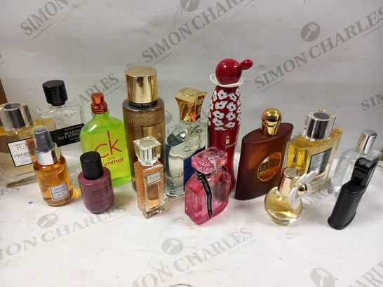 APPROXIMATELY 40 ASSORTED FRAGRANCES AND COSMETICS TO INCLUDE; YVES SAINT LAURENT, CALVIN KLIEN, MOSCHINO, VICTORIA'S SECRET, DIOR AND BRUT