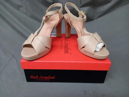 BOXED PAIR OF RUTH LANGSFORD HEELED SANDALS IN ALMOND SIZE 7