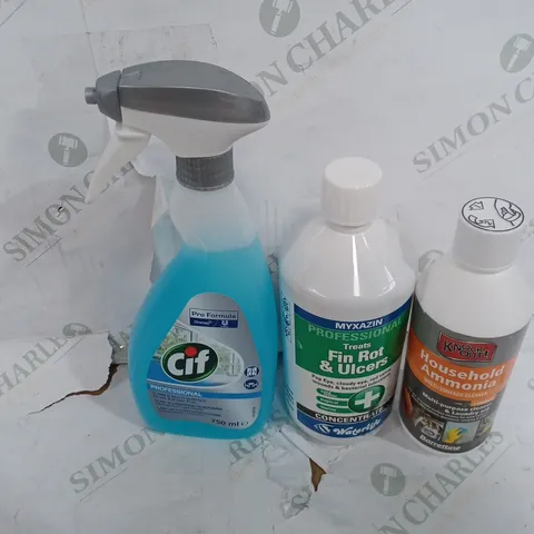 LOT OF ASSORTED HOUSEHOLD CLEANING ITEMS TOO INCLUDE CIF , MYXAZIN AND MULTI-SURFACE CLEANER  