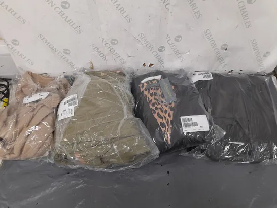 BOX OF APPROXIMATELY 10 ASSORTED BAGGED PIECES OF CLOTHING IN VARIOUS STYLES, SIZES, AND BRANDS 