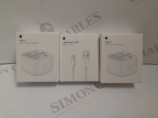 LOT OF 3 ASSORTED ELECTRIAL ITEMS TO INCLUDE 2 X 20W USB-C POWER ADAPTER & 1 X APPLE LIGHTNING TO USB CABLE RRP £73