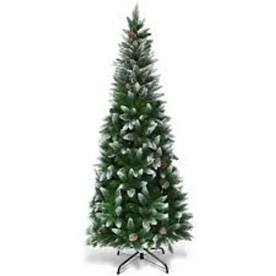 BOXED COSTWAY SNOW FLOCKED PENCIL ARTIFICIAL CHRISTMAS TREE WITH PINE CONES 6FT