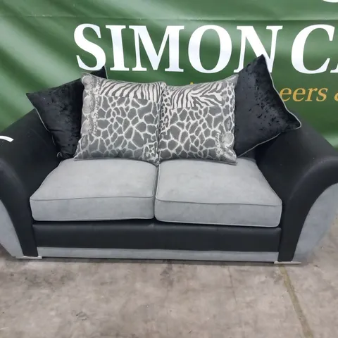 DESIGNER GREY FABRIC AND BLACK SUEDE EFFECT TWO SEATER SOFA WITH SCATTER CUSHIONS