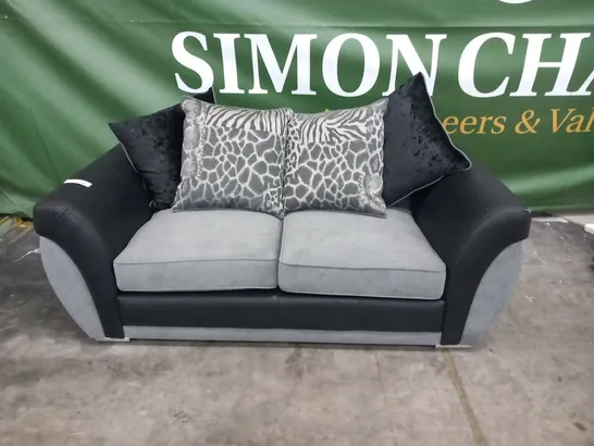 DESIGNER GREY FABRIC AND BLACK SUEDE EFFECT TWO SEATER SOFA WITH SCATTER CUSHIONS