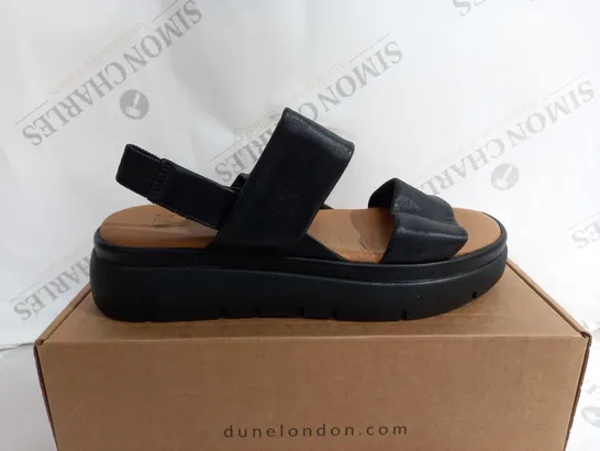 BOXED PAIR OF DUNE BLACK LEATHER PLATFORM SANDALS - SIZE 6