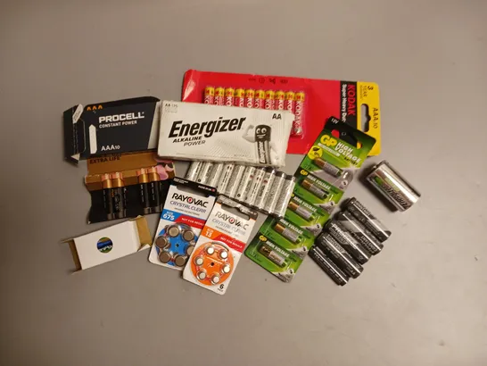 LOT OF APPROX 12 ASSORTED BRAND AND SIZE BATTERIES TO INCLUDE KODAK AAA, ENERGIZER AA AND RAYOVAC HEARING AID BUTTONS ETC