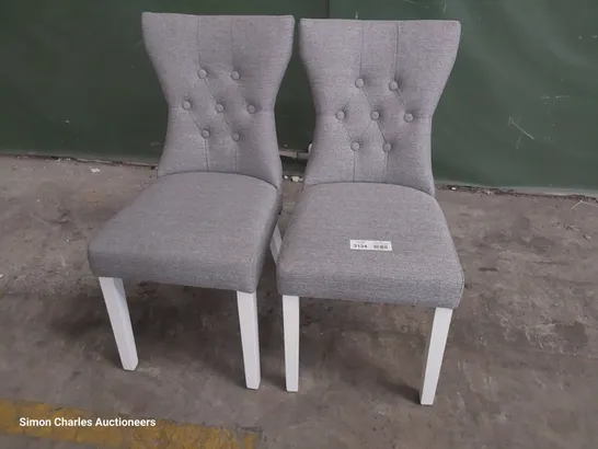 PAIR OF UPHOLSTERED BUTTONED BACK DINING CHAIRS GREY FABRIC ON WHITE PAINTED LEGS 